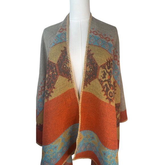 2/$30 Boho Style Poncho Blanket Shawl Abstract Patterns & Warm Tones - Picture 5 of 11